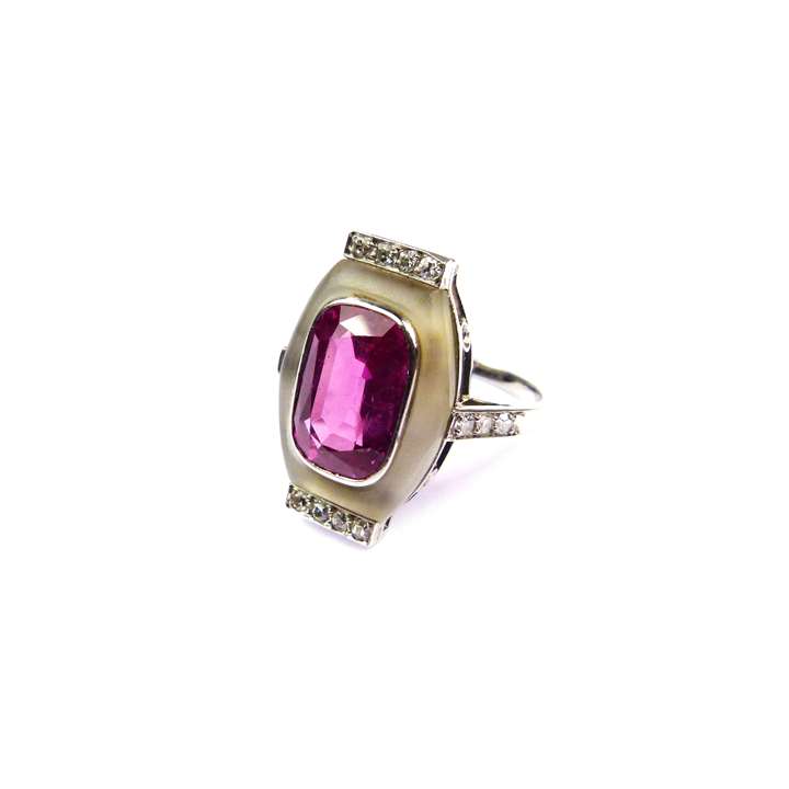 Pink sapphire, crystal and diamond oblong cluster ring, French, possibly by Rene Boivin, collet set with a cushion cut Burma pink sapphire,